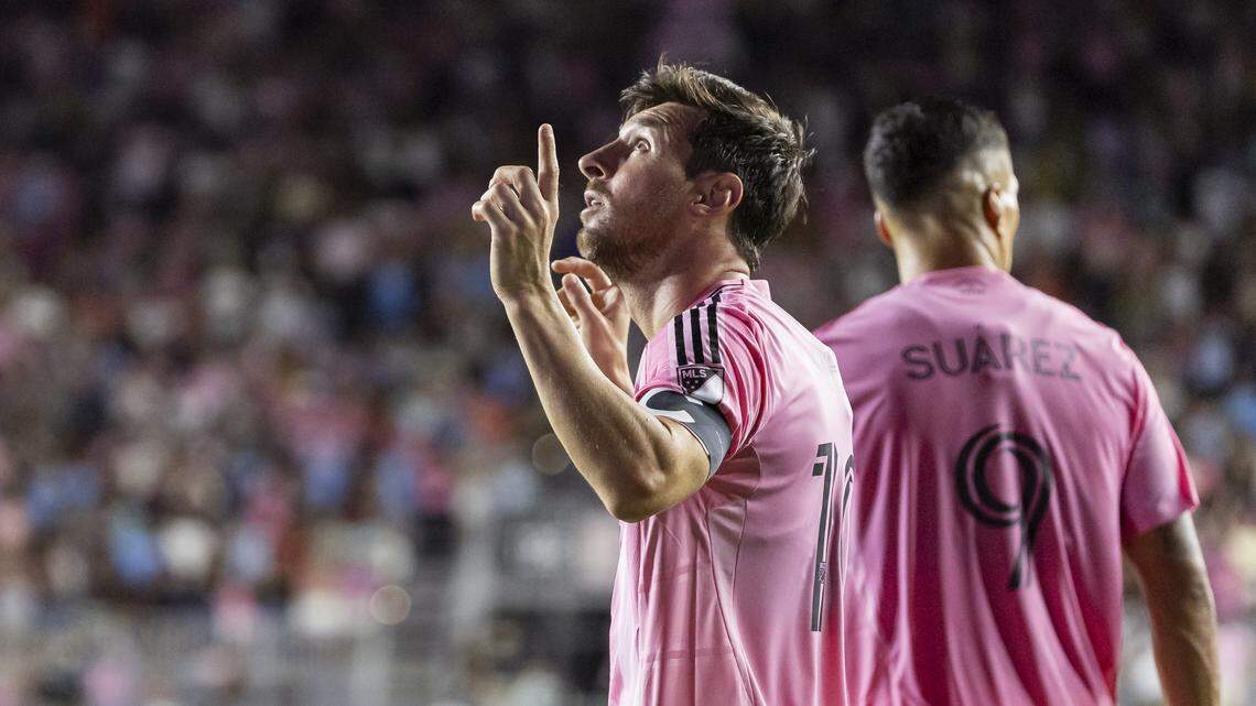 Inter Miami forward Lionel Messi (10) reacts after scoring a goal against Los Angeles Galaxy in the second half of their MLS match at Chase Stadium on Saturday, Aug. 16, 2025, in Fort Lauderdale, Fla.