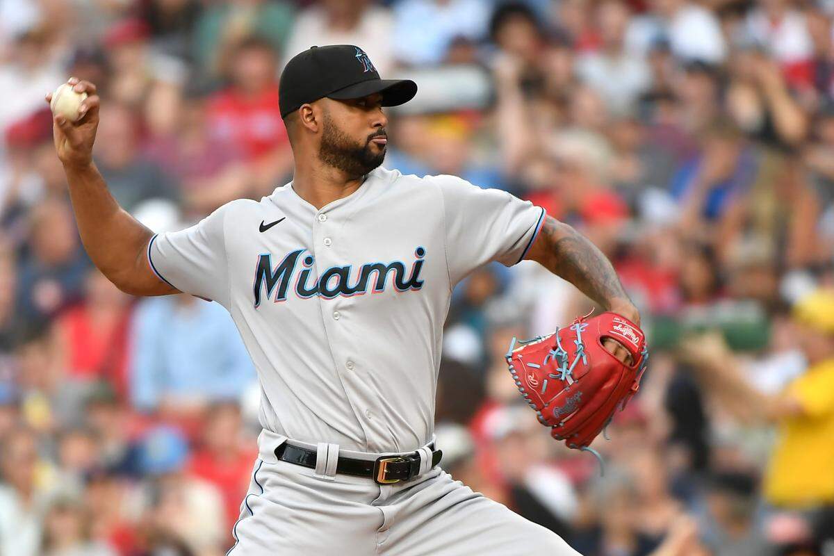 Miami Marlins starting pitcher Sandy Alcantara (22) pitches during the first inning against the Boston Red Sox at Fenway Park.