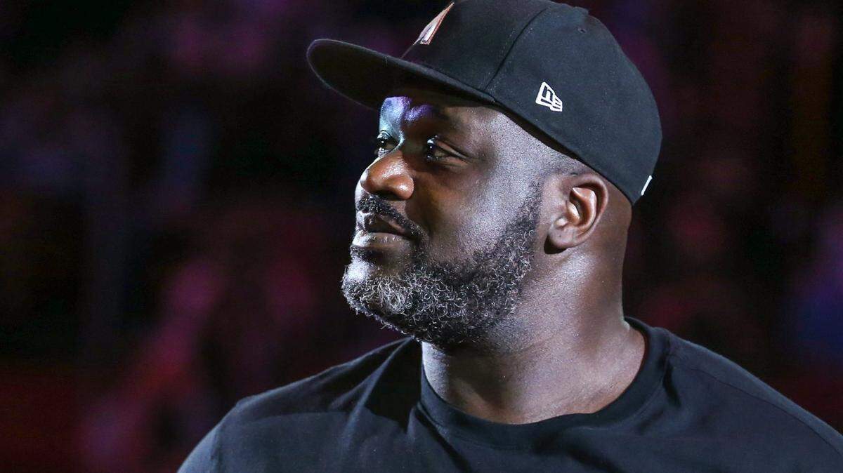 Former Miami Heat player Shaquille O’Neal visits the Heat during a game against the Philadelphia 76ers at FTX Arena in Miami on Saturday, January 15, 2022.