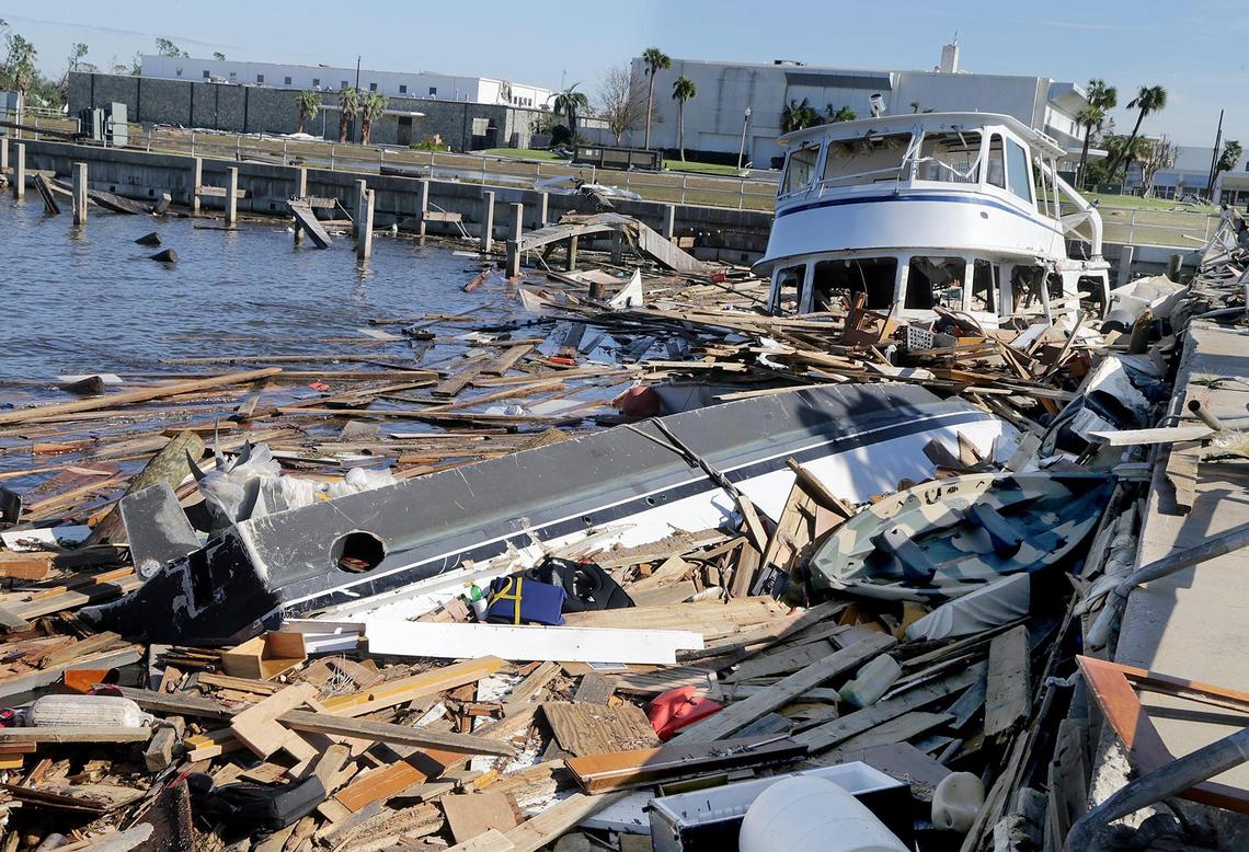 The crushed and sunken remains of boats at the Panama City marina on Thursday, the day after Hurricane Michael made landfall.