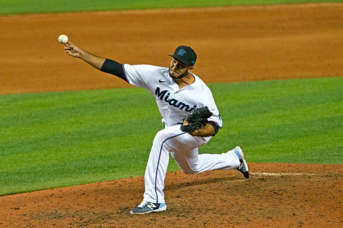 Miami Marlins pitcher Yimi Garcia (93) pitches against the Philadelphia Phillies during the ninth inning of a baseball game at Marlins Park in Miami on Thursday, September 10, 2020.