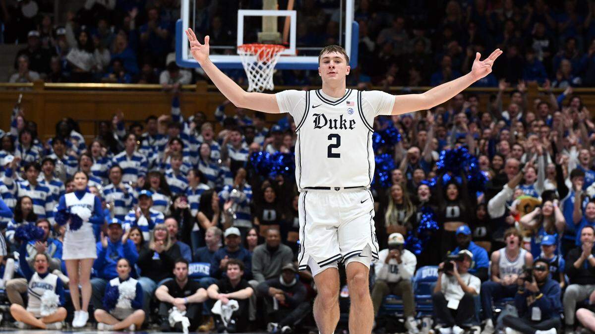 Jan 11, 2025; Durham, North Carolina, USA; Duke Blue Devils forward Cooper Flagg (2) reacts during the second half against the Notre Dame Fighting Irish at Cameron Indoor Stadium. He broke a Duke and ACC freshman record with 42 points. Mandatory Credit: Rob Kinnan-Imagn Images