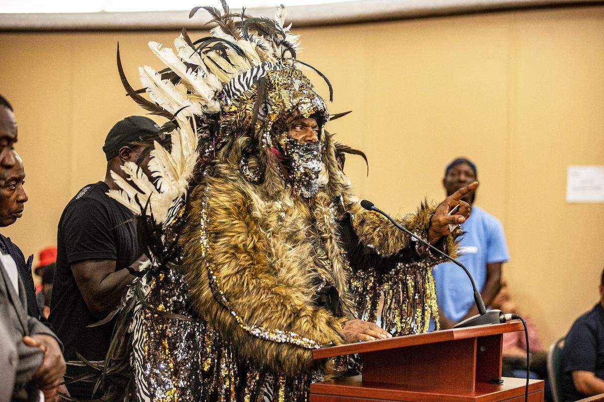 Israelion Moor-7 Hebrew Bey, who claims to be an “Aboriginal National,” speaks during a tense council meeting on Tuesday, April 25, 2023 to discuss a possible annexation by the City of Hialeah of part of Brownsville, a historic Black neighborhood in Miami-Dade County.