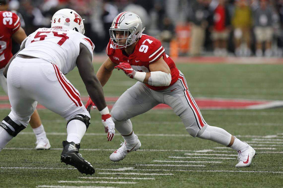 Ohio State defensive lineman Nick Bosa plays against Rutgers during an NCAA college football game Saturday, Sept. 8, 2018, in Columbus, Ohio.