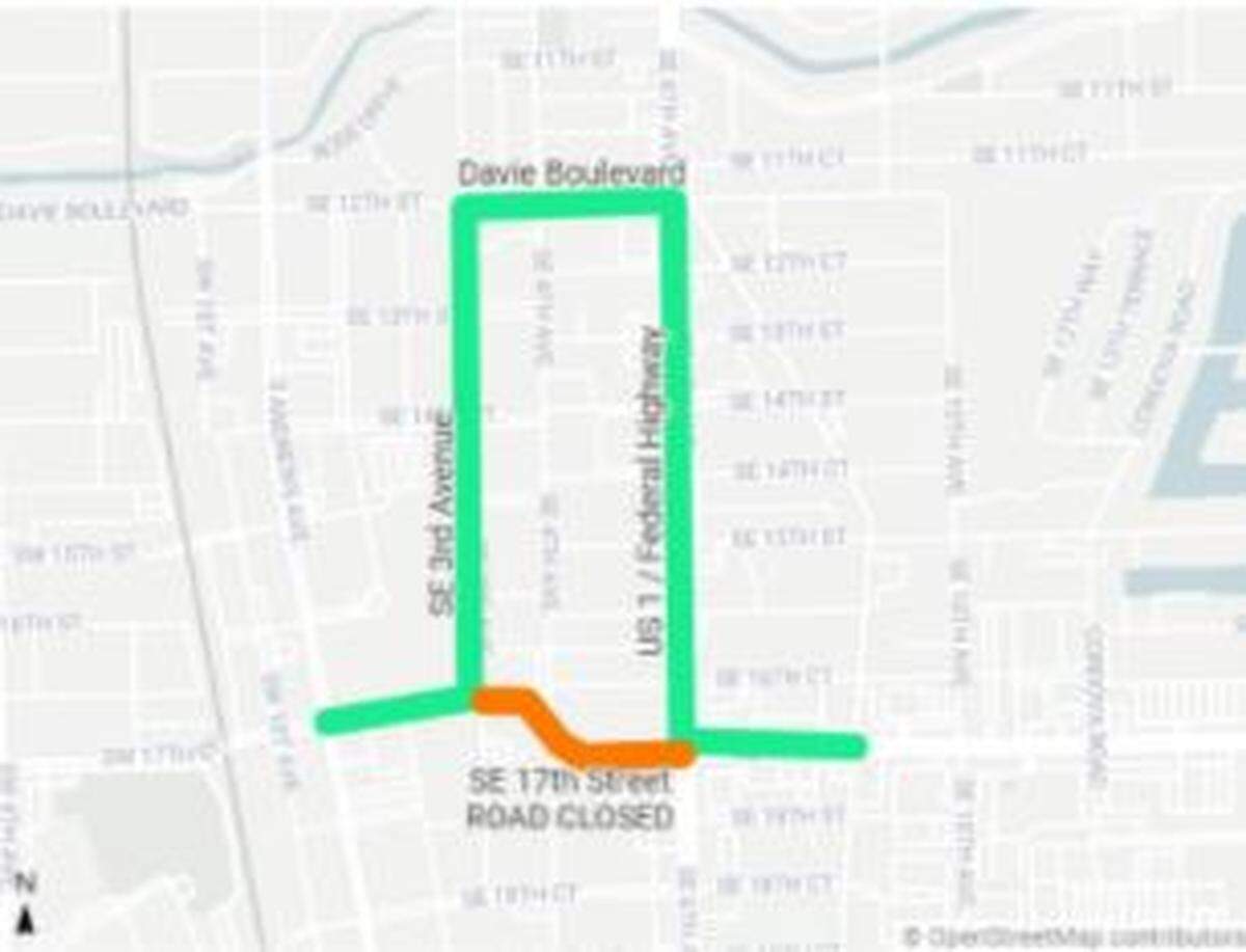A map showing the detour caused by Wednesday’s water main break in Fort Lauderdale.