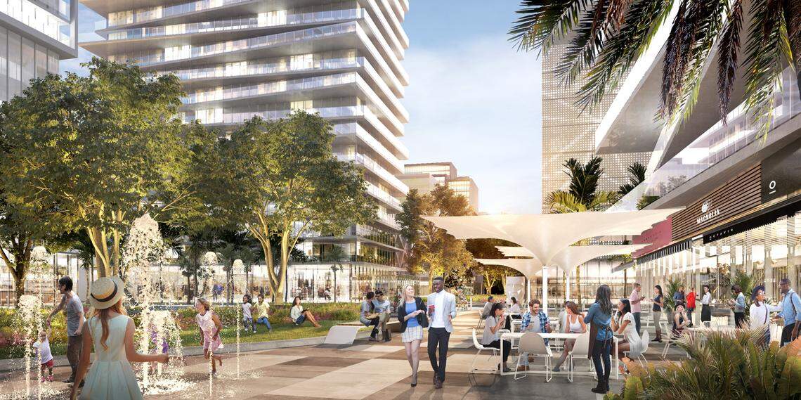This rendering shows a ground-level view of the Magic City Innovation District, a large-scale redevelopment that is expected to transform Little Haiti.