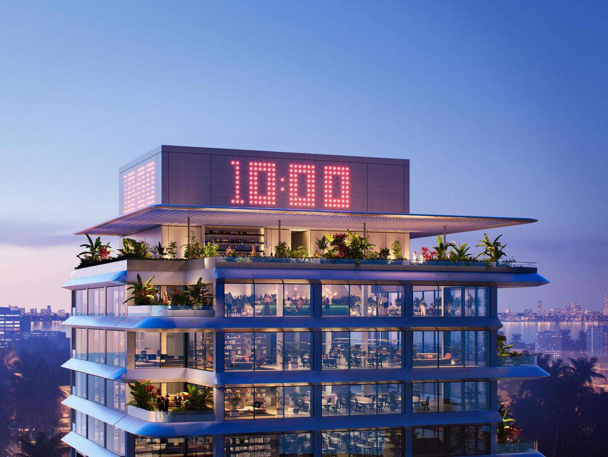 Developer Michael Shvo plans to refurbish the clock tower building with a new design, shown in this rendering, by Britain’s Foster + Partners and Miami’s Kobi Karp Architecture. The remade 1957 bank building will have its dark cladding replaced with open terraces and clear windows.