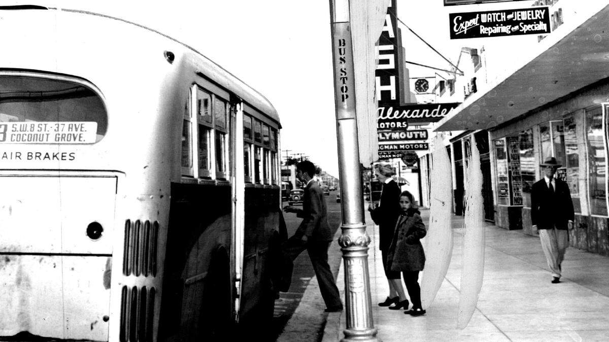 A bus makes a stop in Miami in 1942.