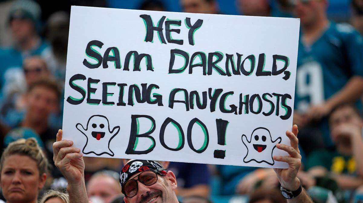 Fans rib New York Jets quarterback Sam Darnold during the second half of an NFL football game against the Jacksonville Jaguars, Sunday, Oct. 27, 2019, in Jacksonville, Fla.