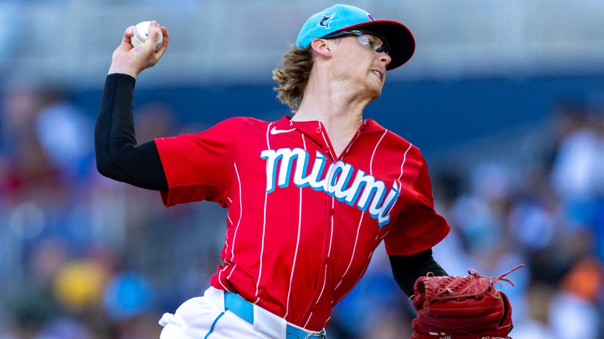 Miami Marlins pitcher Max Meyer (23) throws the ball during the second inning of an MLB game against the Atlanta Braves at LoanDepot Park in Miami, Florida, on Saturday, April 13, 2024.