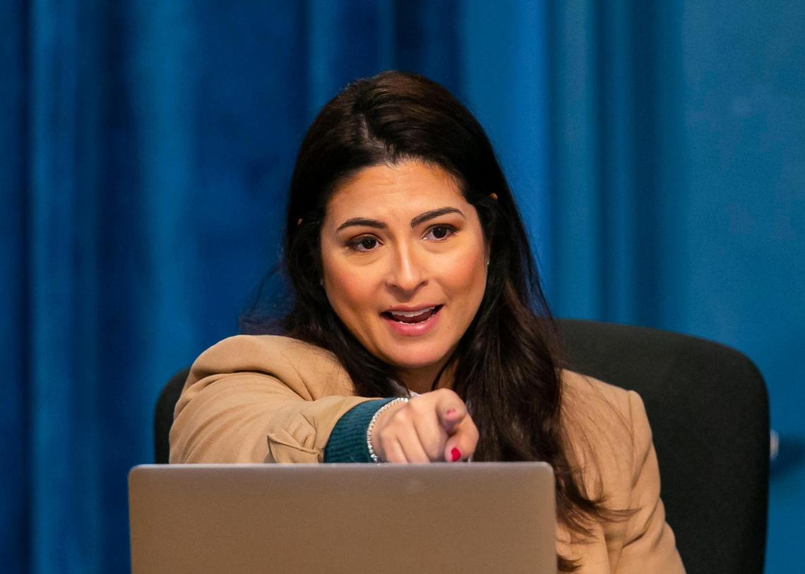 Miami-Dade Public Schools board member Christi Fraga speaks during a special meeting held at the board’s headquarters in downtown Miami, Florida, on Tuesday, Jan. 18, 2022. The meeting, which was held to decide Superintendent Alberto Carvalho’s replacement, concluded with the board narrowing the field to three finalists.