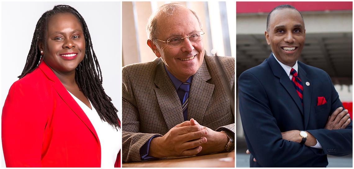 From left to right, Angela Onwuachi-Willig, dean and Ryan Roth Gallo & Ernest J. Gallo professor of law at the Boston University School of Law; Claudio Grossman, dean emeritus and professor of law at American University Washington College of Law; and Leonard M. Baynes, dean and professor of law at the University of Houston Law Center. They are the three members of the University of Miami School of Law Academic Review Committee who sent a letter to President Julio Frenk, Provost Jeffrey Duerk, and UM Board of Trustees Chair Laurie Silvers on June 1 regarding the firing of Dean Anthony Varona from the UM School of Law. Duerk appointed the three to the committee.