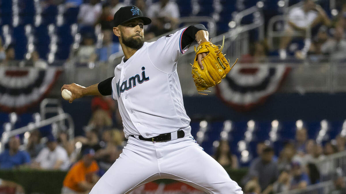 Miami Marlins pitcher Nick Anderson (70) pitches against the New York Mets in the sixth inning of a baseball game at Marlins Park in Miami on Monday, April 1, 2019.