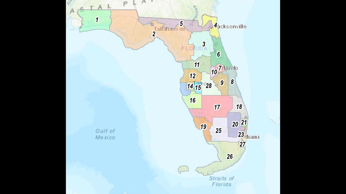 This is a screen shot of the Florida Senate’s redistricting map S8006, one of four options for the 28 congressional districts in the state. This is one of eight draft maps released on Wednesday, Nov. 10, 2021.