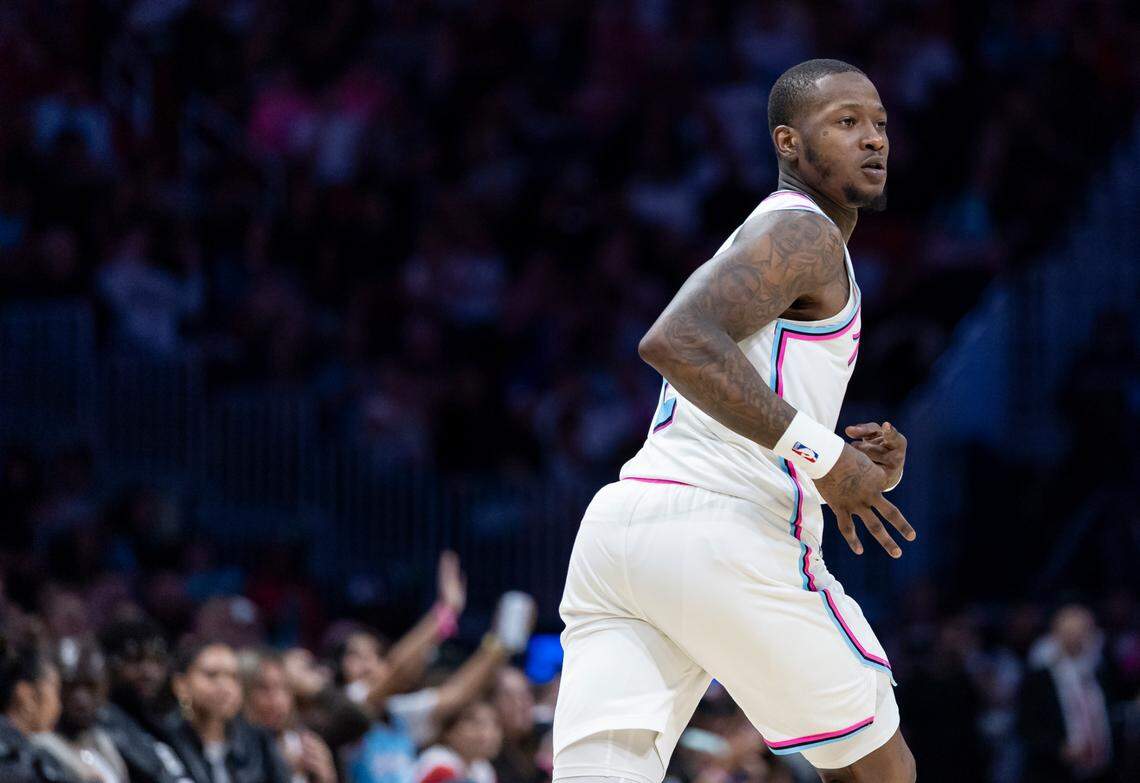 Miami Heat guard Terry Rozier (2) celebrates after scoring against the Chicago Bulls in the second half of their NBA game at Kaseya Center on March 8, 2025, in Miami.