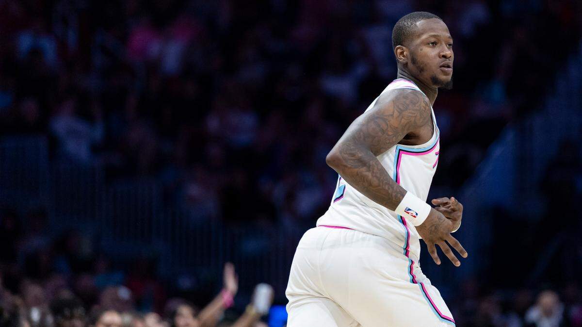 Miami Heat guard Terry Rozier (2) celebrates after scoring against the Chicago Bulls in the second half of their NBA game at Kaseya Center on March 8, 2025, in Miami.
