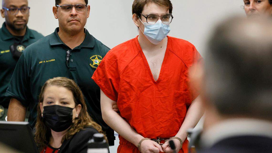 Marjory Stoneman Douglas High School shooter Nikolas Cruz is escorted into the courtroom for a hearing regarding possible jury misconduct during deliberations in his sentencing trial at the Broward County Courthouse in Fort Lauderdale on Friday, Oct. 14, 2022.