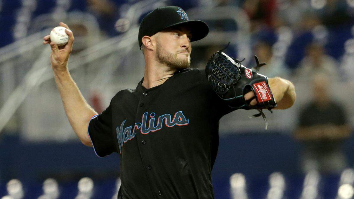 Miami Marlins pitcher Trevor Richards, pitches in the first inning of the Miami Marlins vs Colorado Rockies, season’s second game at the Marlins Park in Little Havana in Miami on Friday, March 29, 2019.