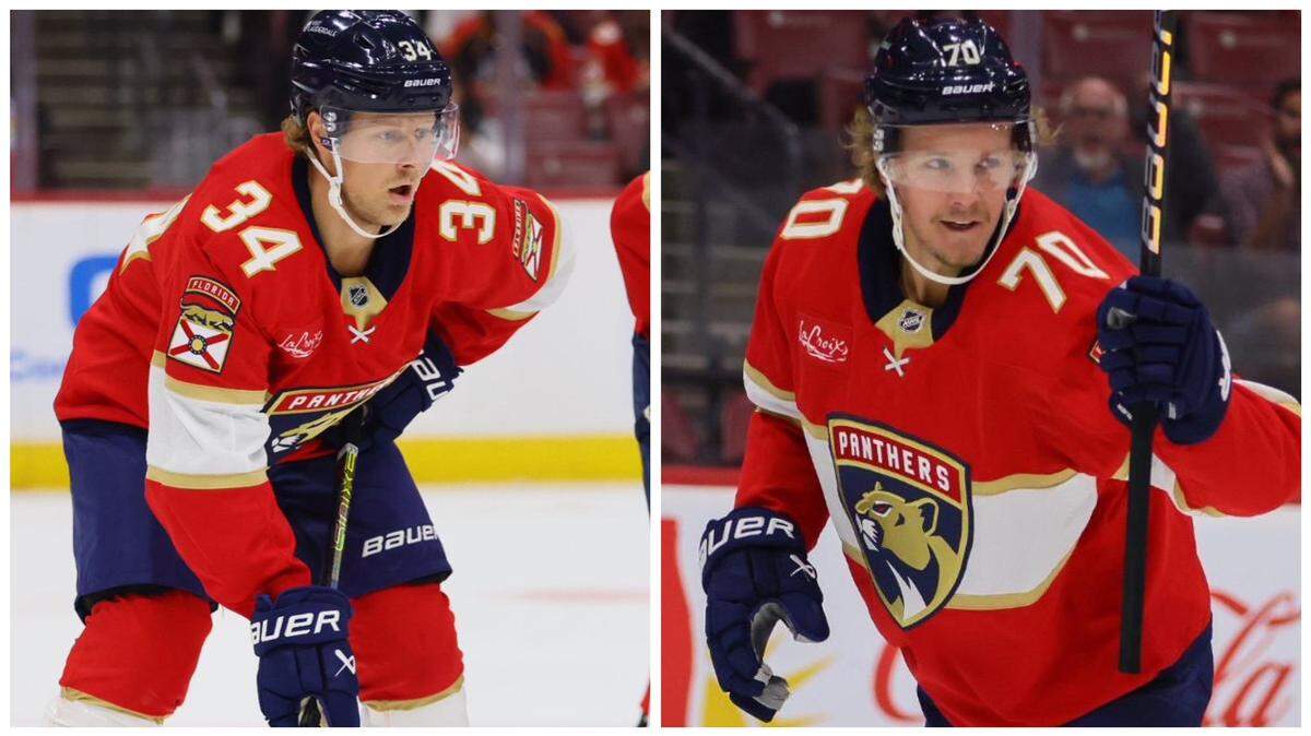 Defenseman Adam Boqvist (left) and forward Jesper Boqvist (right) during the Florida Panthers’ preseason game against the Nashville Predators on Sunday, Sept. 22, 2024, at Amerant Bank Arena in Sunrise, Florida.