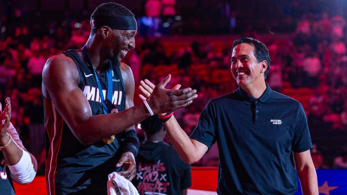 Miami Heat center Bam Adebayo (13) and head coach Erik Spoelstra react during a half-time ceremony to honor the USA gold medalists at Kaseya Center on November 4, 2024, in Miami.