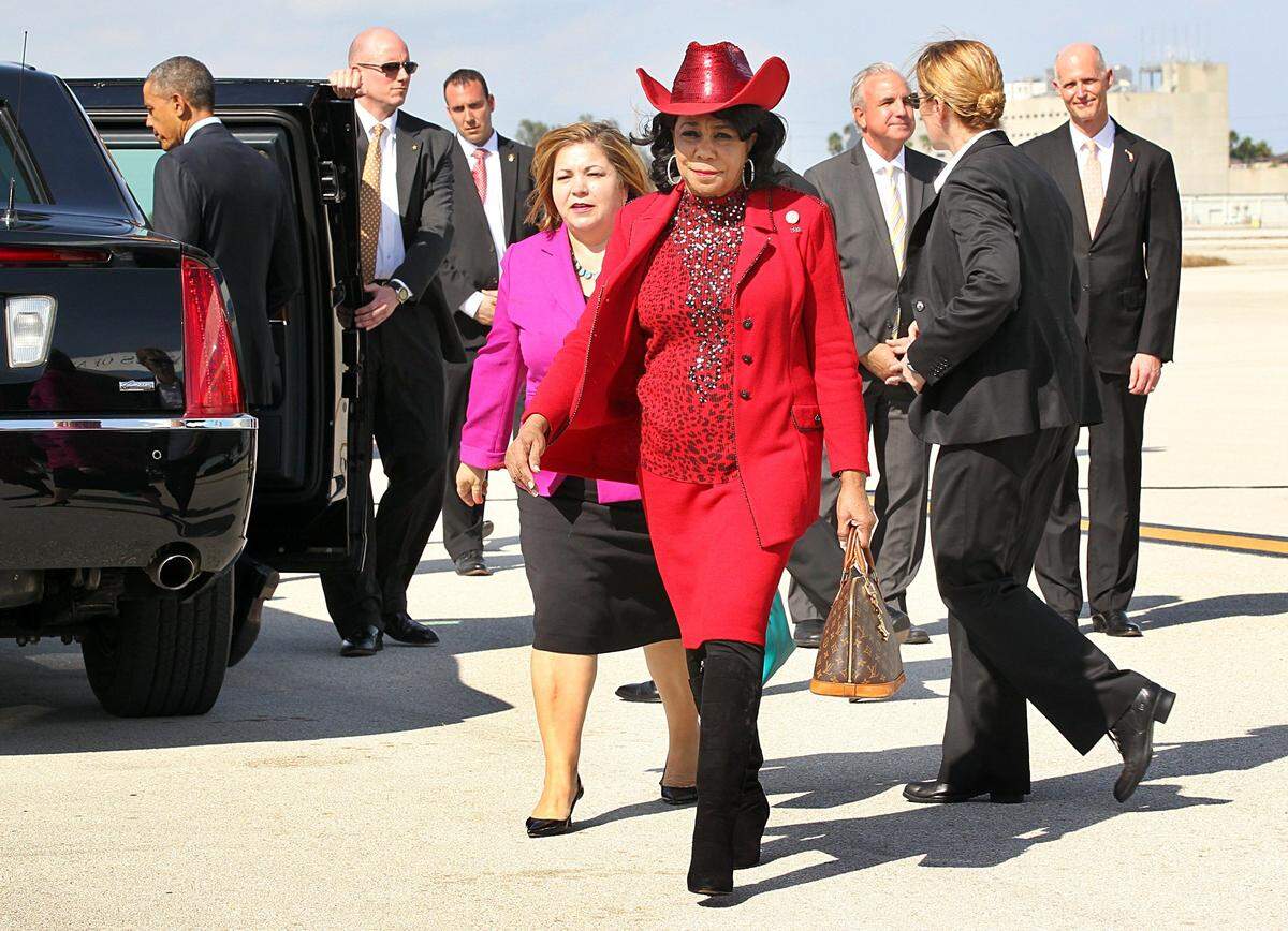 Florida Congresswoman Frederica Wilson, arrived with U.S. President Barack Obama, at the Miami airport for a town hall meeting on immigration at Florida International University on Wednesday, February 25, 2015.