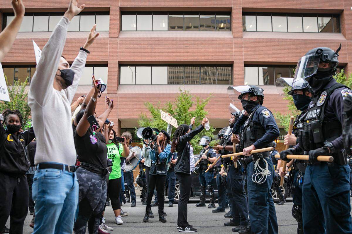 Protesters demonstrate after the Breonna Taylor announcement in Louisville, Ky., Sept. 23, 2020, when the two Louisville police officers who shot her six times were not charged in her March 13, 2020, killing. Anger over Taylor’s killing by police and the prosecutors handling of the case has spread far from Louisville, with protests on Wednesday night, and drawing crowds in cities around the nation.