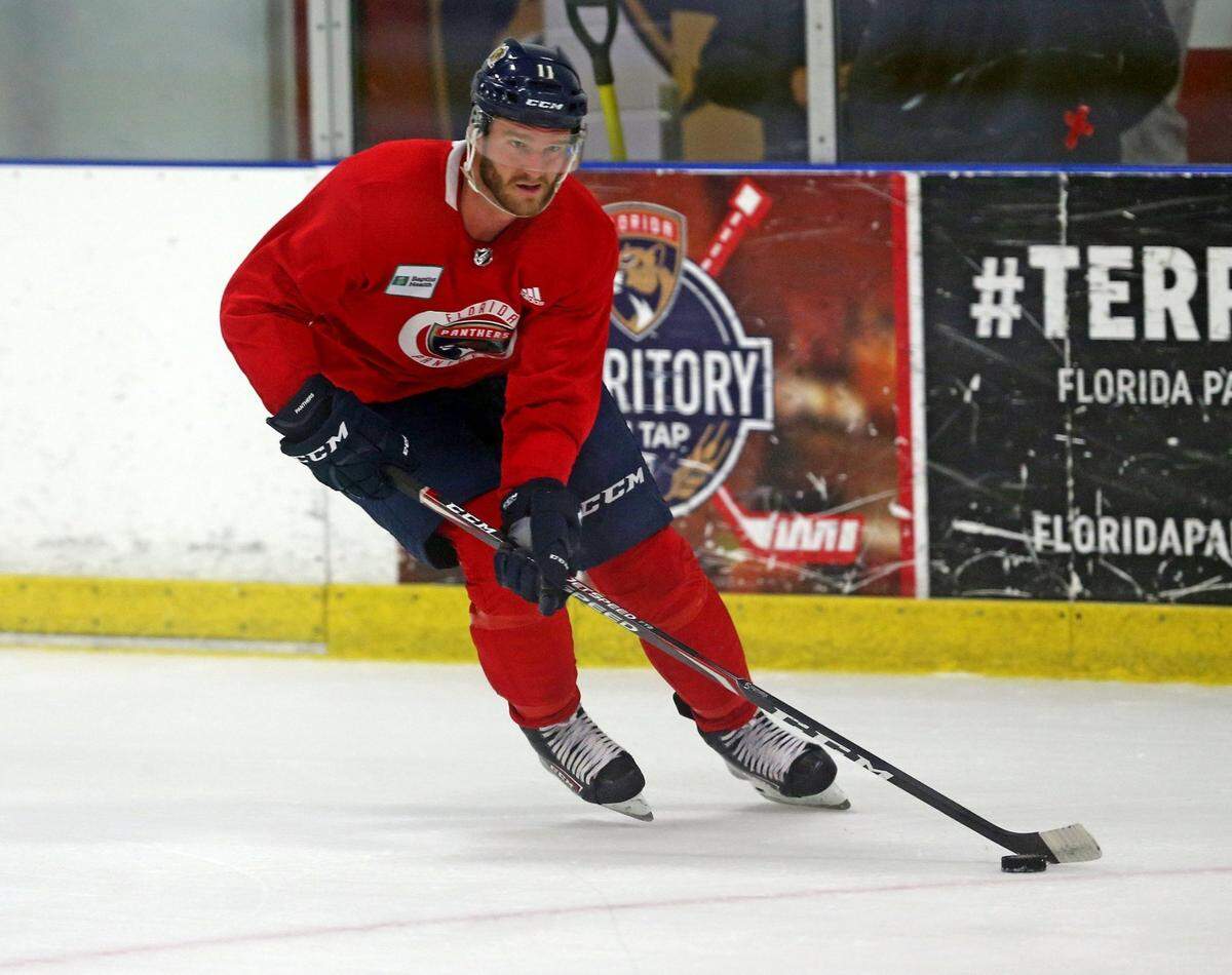 Florida Panthers Jonathan Huberdeau (11) trains at their practice facility in Coral Springs, Florida, July 15, 2020.