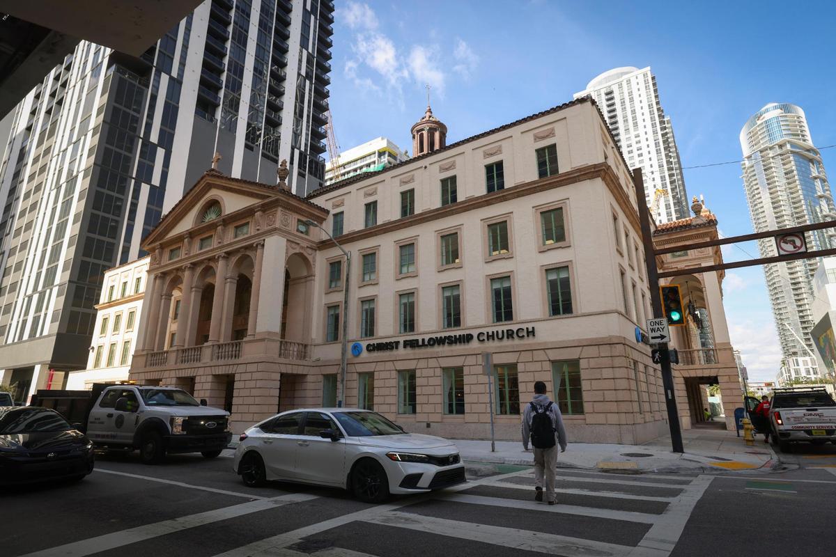 Christ Fellowship Miami, a historic church, sits on the corner of NE 5th St. and NE 1st Ave. during preparations for re-opening after about $20 million in renovations on Thursday, Dec. 5, 2024, in downtown Miami, Fla.