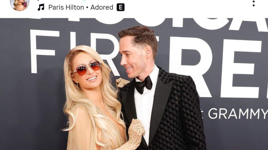 paris hilton with husband carter reum at grammys