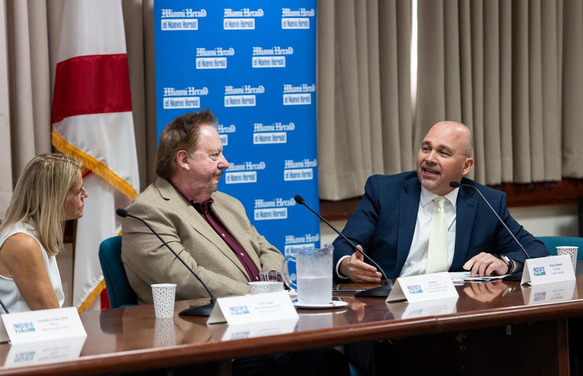 From left to right: State Representative Vicki Lopez, R-Miami, FIU Jorge M. Perez Metropolitan Center Associate Director Ned Murray and Condo Vultures’ Peter Zalewski attend the Miami Herald and el Nuevo Herald’s ‘Priced Out Of Paradise’ panel discussion at United Way Miami on Wednesday, Sept. 18, 2024, in Miami, Fla.