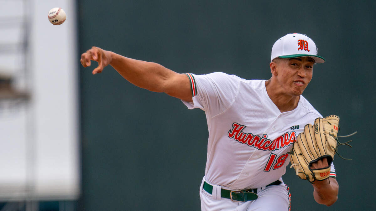 Sophomore pitcher Alex McFarlane pitches in the top of the fifth inning of Miami’s game versus Boston College at Mark Light Field on March 13, 2022. Jared Lennon/The Miami Hurricane