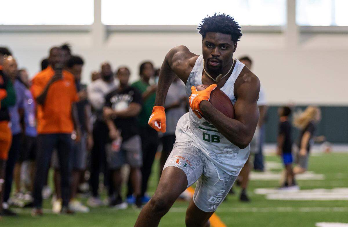 Cornerback Tyrique Stevenson runs drills during Football Pro Day at the University of Miami’s indoor practice facility on Monday, March 27, 2023 in Coral Gables, Fla.