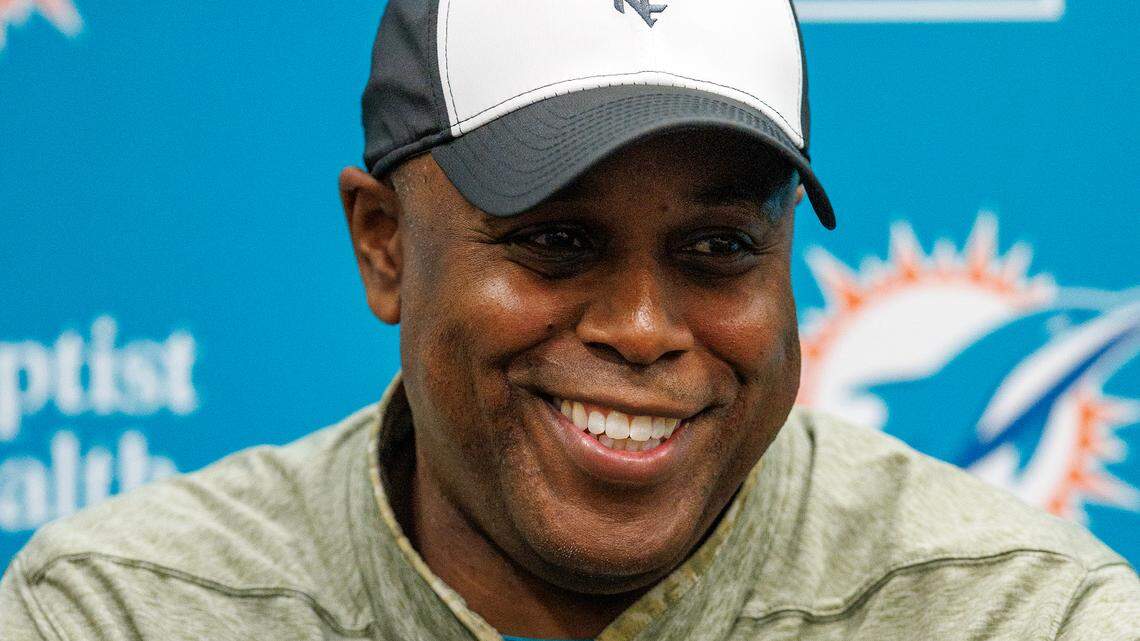 Miami Dolphins general manager Chris Grier speaks during team pre-draft press conference at Baptist Health Training Complex in Hard Rock Stadium on Wednesday, April 19, 2023 in Miami Gardens, Florida.
