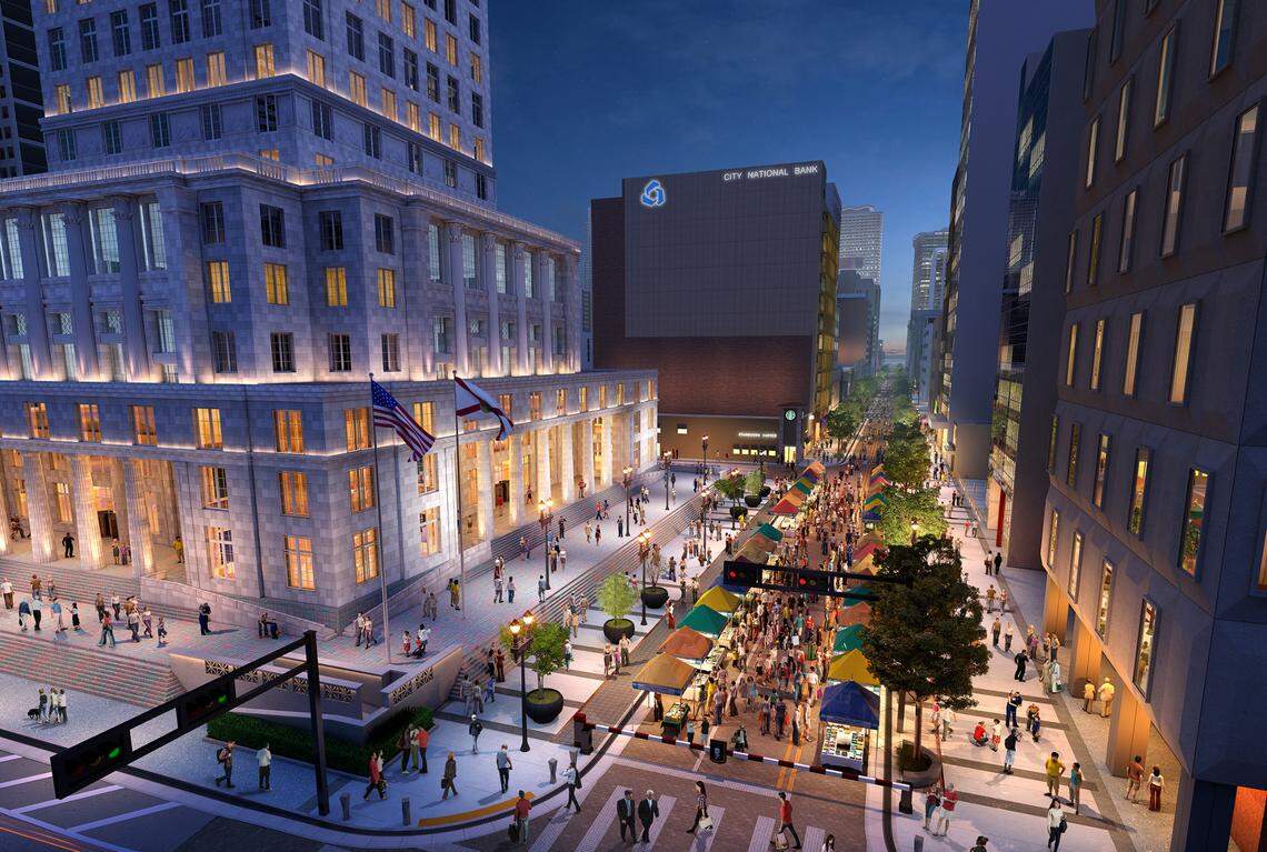 An architectural rendering shows how a remade Flagler Street in downtown Miami will look under a blueprint backed by entrepreneur and arts mogul Moishe Mana.