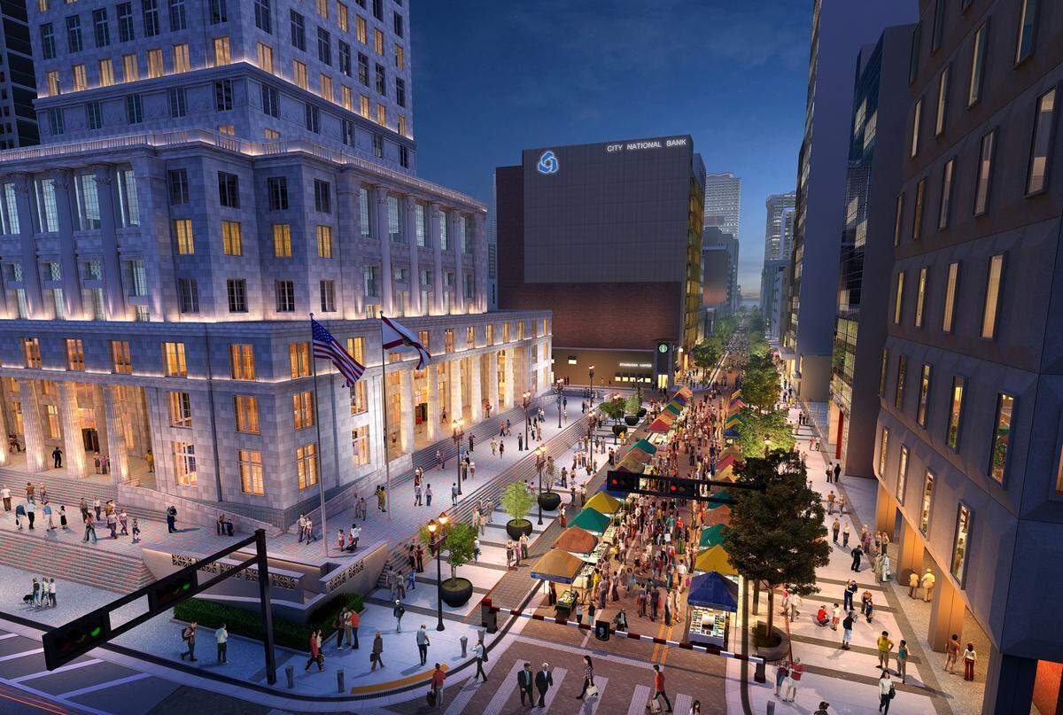 An architectural rendering shows how a remade Flagler Street in downtown Miami will look under a blueprint backed by entrepreneur and arts mogul Moishe Mana.