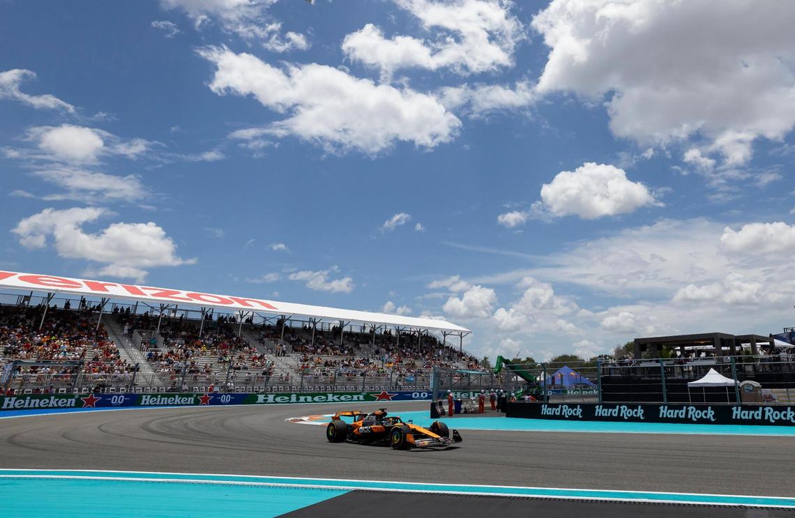 McLaren driver Oscar Piastri of Australia takes a turn during a practice session on the first day of the Formula One Miami Grand Prix at the Miami International Autodrome on Friday, May 2, 2025, in Miami Gardens, Fla.