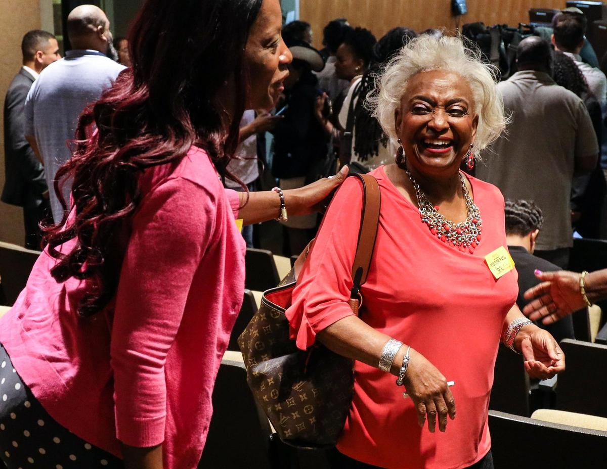 Former Broward Supervisor of Elections Brenda Snipes, right, is greeted by supporters at the conclusion of a House subcommittee hearing on voter rights on Monday, May 6, 2019, in Fort Lauderdale, Florida.