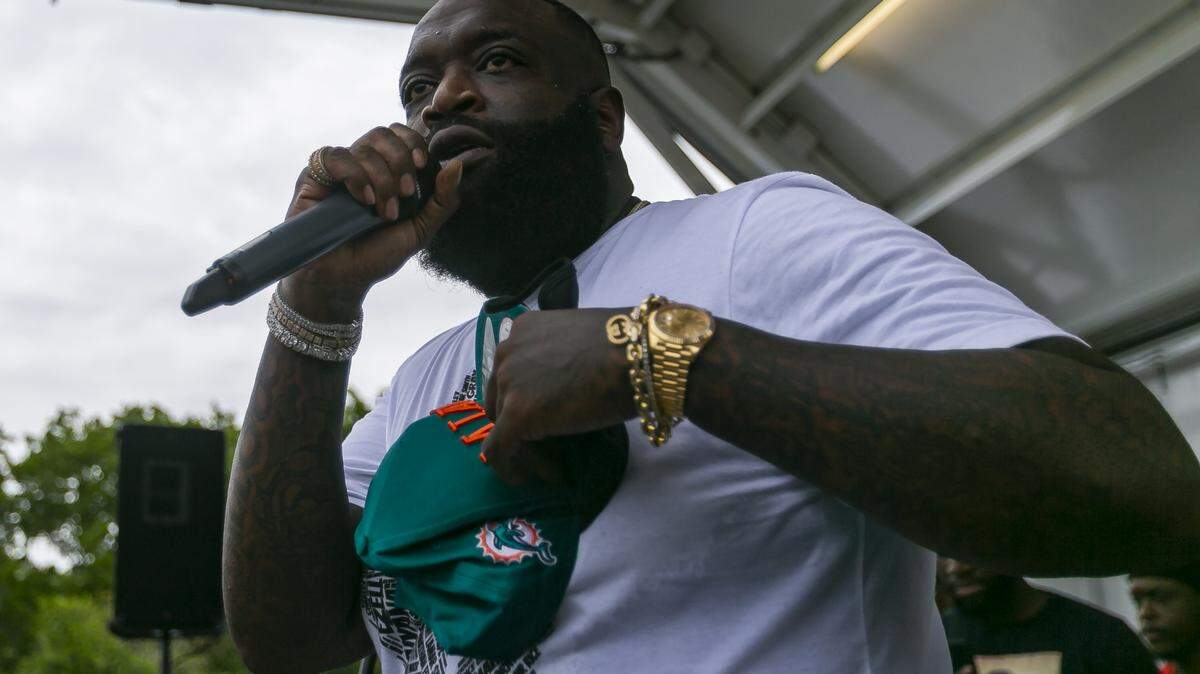 Rapper Rick Ross speaks during a Justice for George Floyd rally at the Ansin Sports Complex in Miramar, Florida on Saturday, June 6, 2020.