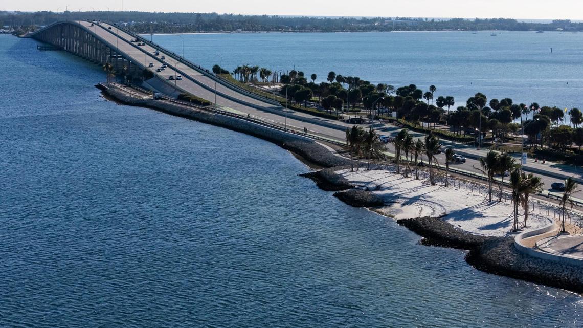 Aerial view of Hobie Island Beach Park North and the Rickenbacker Causeway.