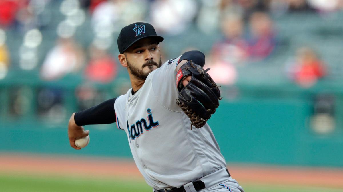 Miami Marlins starting pitcher Pablo Lopez delivers in the first inning of a baseball against the Cleveland Indians, Tuesday, April 23, 2019, in Cleveland. (AP Photo/Tony Dejak)