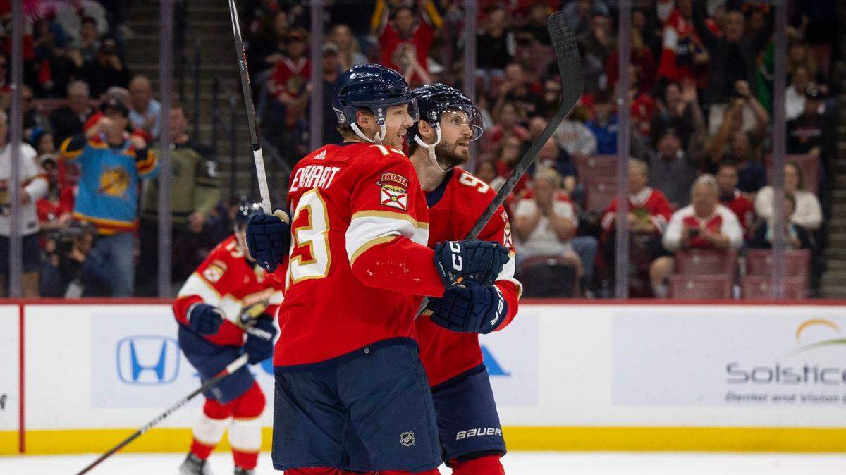 Florida Panthers center Sam Reinhart (13) celebrates his goal with teammate Oliver Ekman-Larsson (91) during the second period of an NHL game against the Chicago Blackhawks at the Amerant Bank Arena on Sunday, Nov 12, 2023, in Sunrise, Fla.
