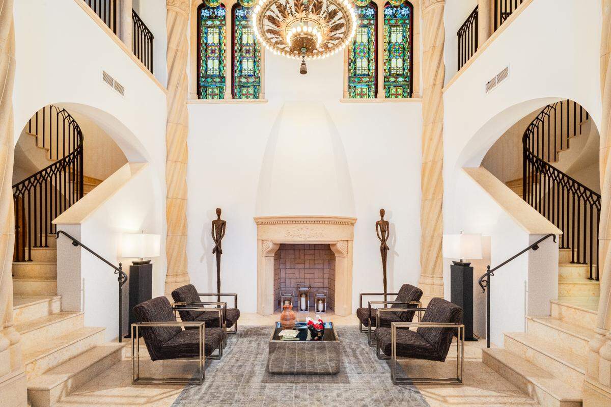 The formal living room of “Marrying Millions” star Bill Hutchinson’s Coconut Grove mansion.