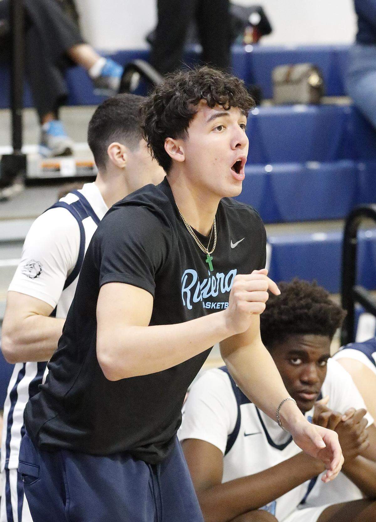 Riviera Prep Bulldogs Myles Fuentes reacts to his team's play against Divine Savior Academy Sharks during the Region 4-2A semifinal boys basketball game on Thursday, February 19, 2026 at Riviera Prep School in Miami. Andrew Uloza / for Miami Herald