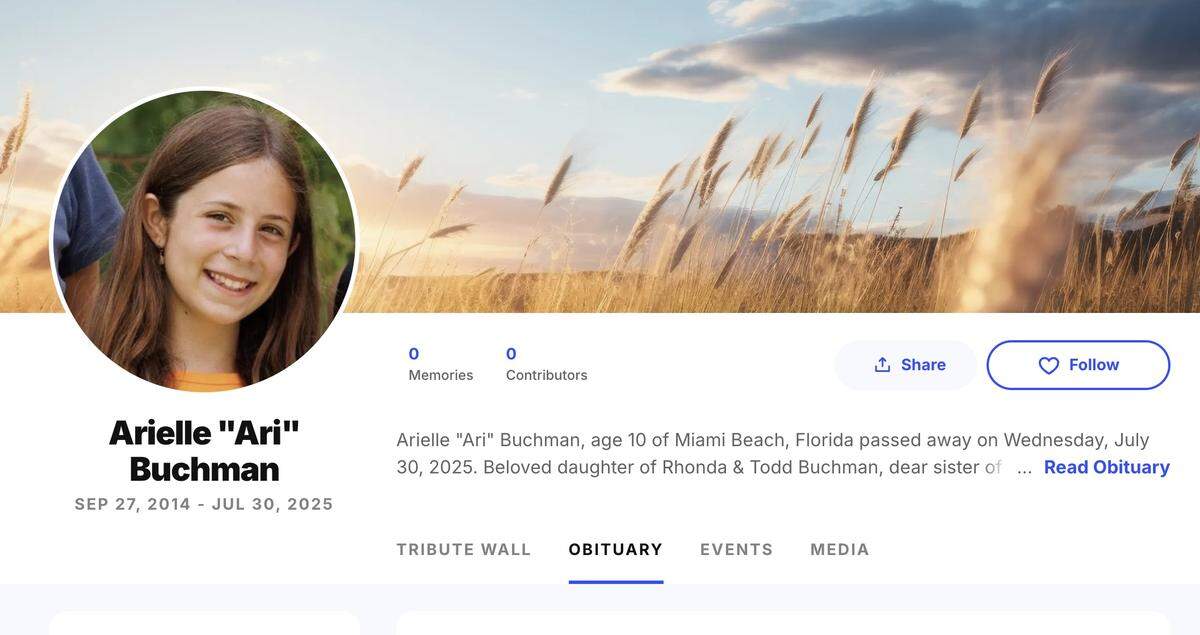 The obituary page of Arielle ‘Ari’ Buchman