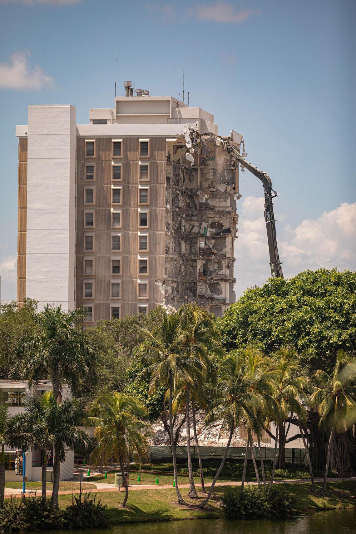 Hecht Tower at University of Miami was being demolished in Coral Gables, Florida, on Wednesday, July 13, 2022.