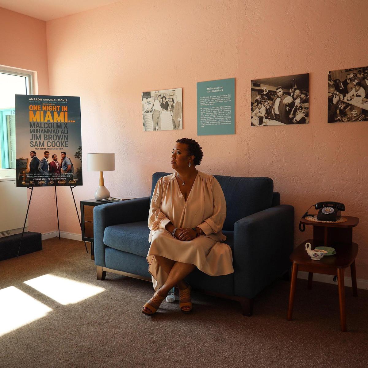 Hampton House director, Imani Warren is photographed inside the two room suite where Muhammad Ali stayed that was depicted in the upcoming film “One Night in Miami.” Hampton House plays an important role in the new film release “One Night in Miami” the fictional account of one incredible night where icons Muhammad Ali, Malcolm X, Sam Cooke, and Jim Brown gathered discussing their roles in the civil rights movement and cultural upheaval of the 60s at historic segregation motel in Miami’s Brownville neighborhood.