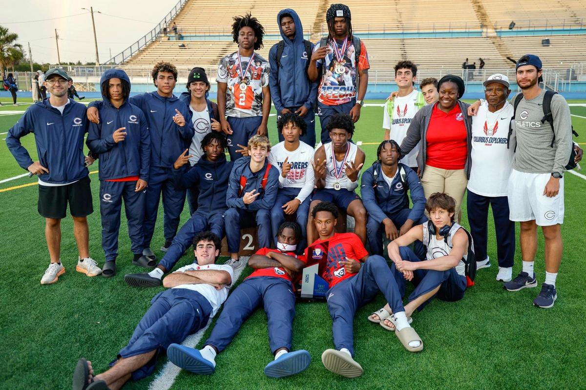 The Columbus High School boy’s track and field team win the GMAC Track and Field Finals at Traz Powell Stadium in Miami, Florida on Thursday, April 10, 2025.