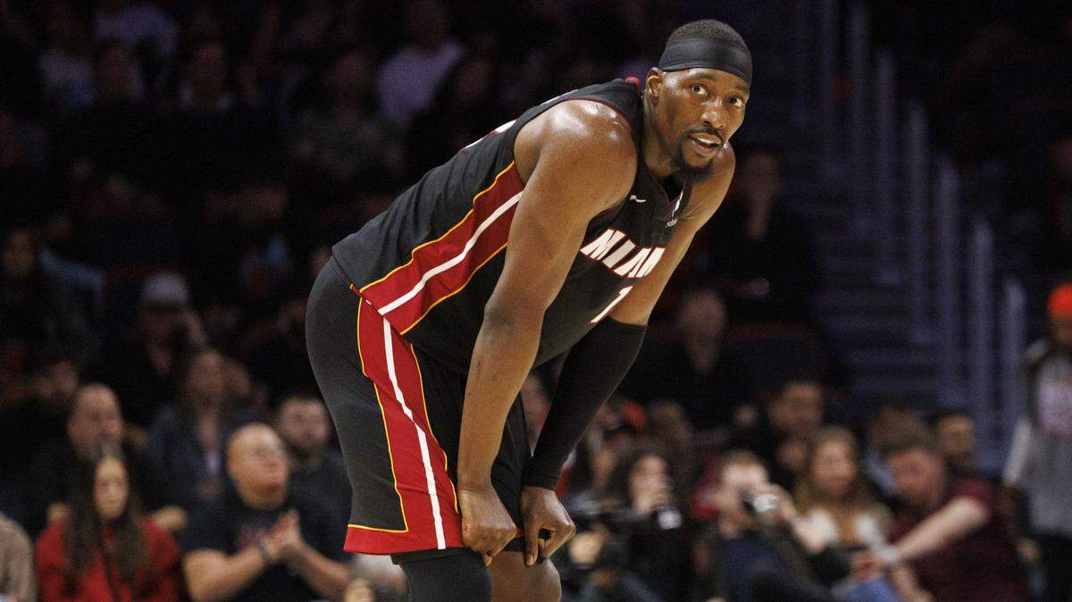 Miami Heat center Bam Adebayo (13) reacts during the second half of a game against the Toronto Raptors on Dec. 15, 2025, at Kaseya Center in Miami.