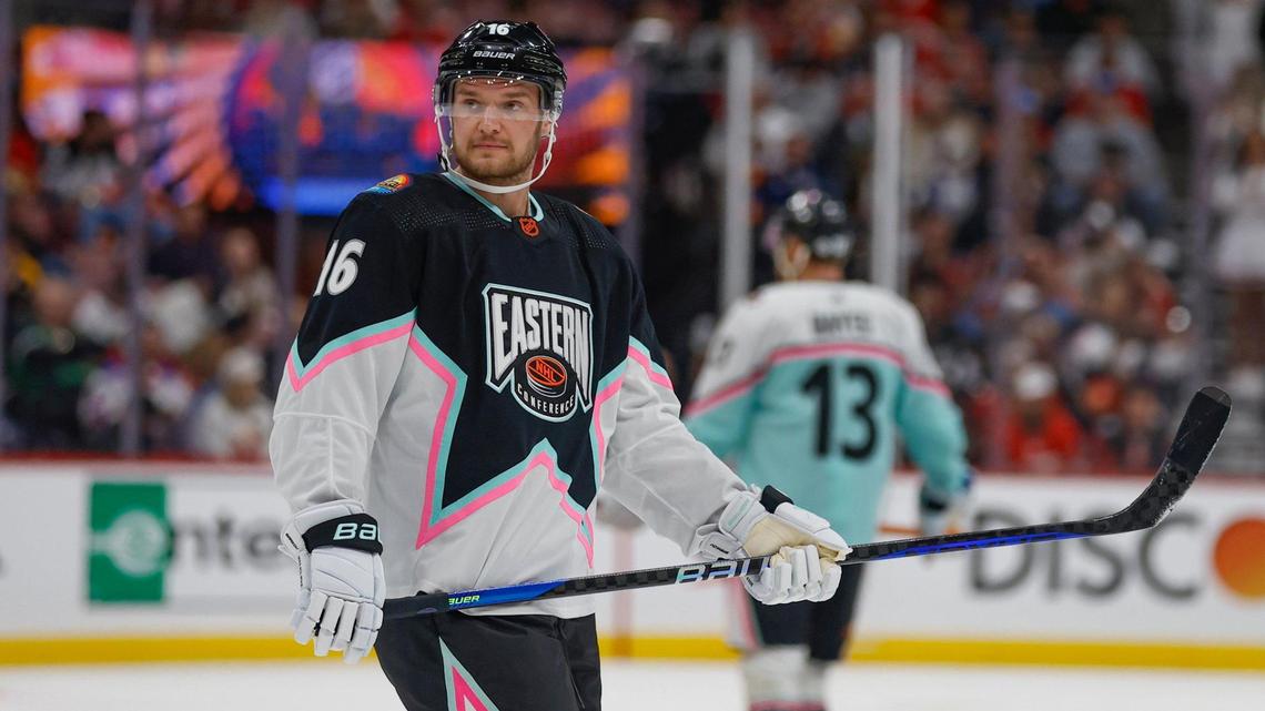 Atlantic Division’s Aleksander Barkov on the ice during the Metropolitan Division game at the NHL All-Star Game at FLA Live Arena in Sunrise, Florida on Saturday, February 4, 2023.