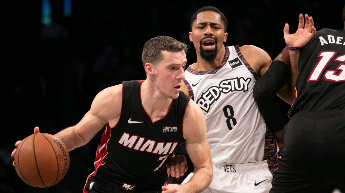 Heat guard Goran Dragic (7) drives around Nets guard Spencer Dinwiddie (8)